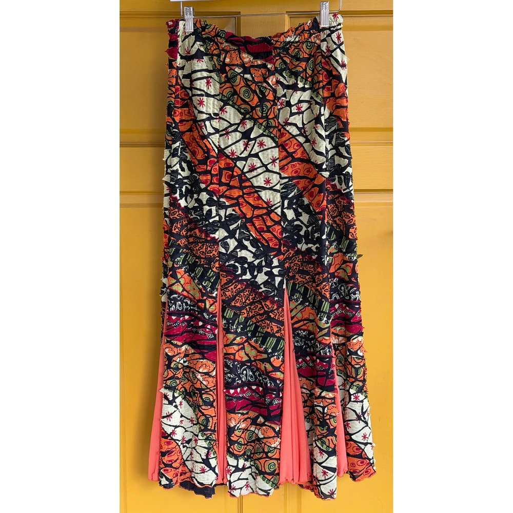 Vintage Boho Textured Patchwork Maxi Skirt Orange Godet Pleated Flare Multi L